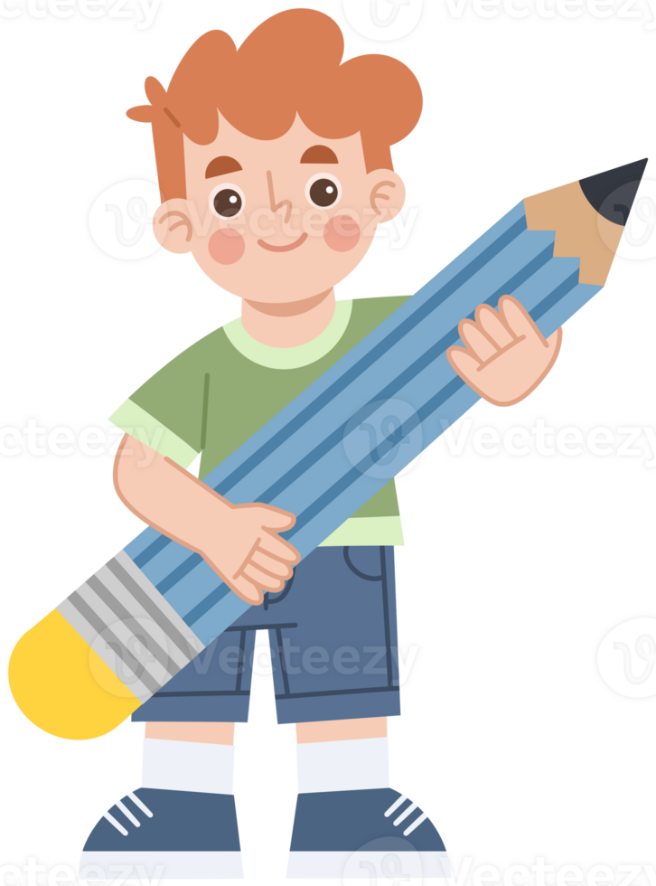 Illustration of a Boy Holding a Big Pencil png