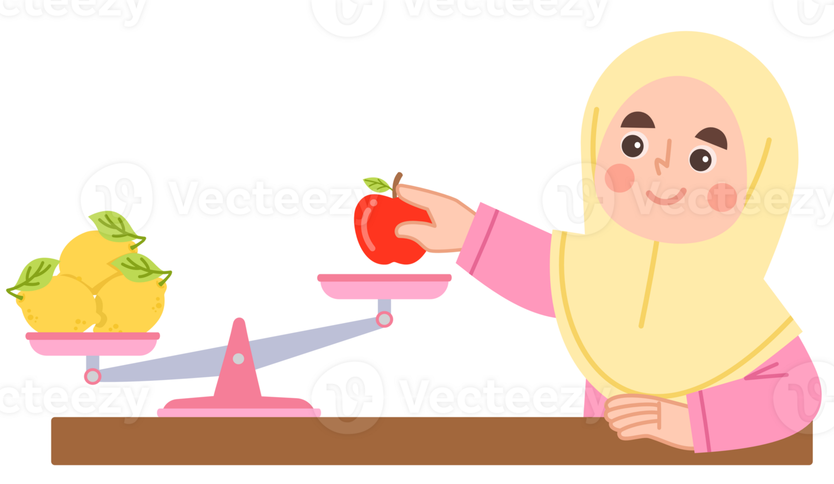 Illustration of a cheerful hijab girl learning about scales png
