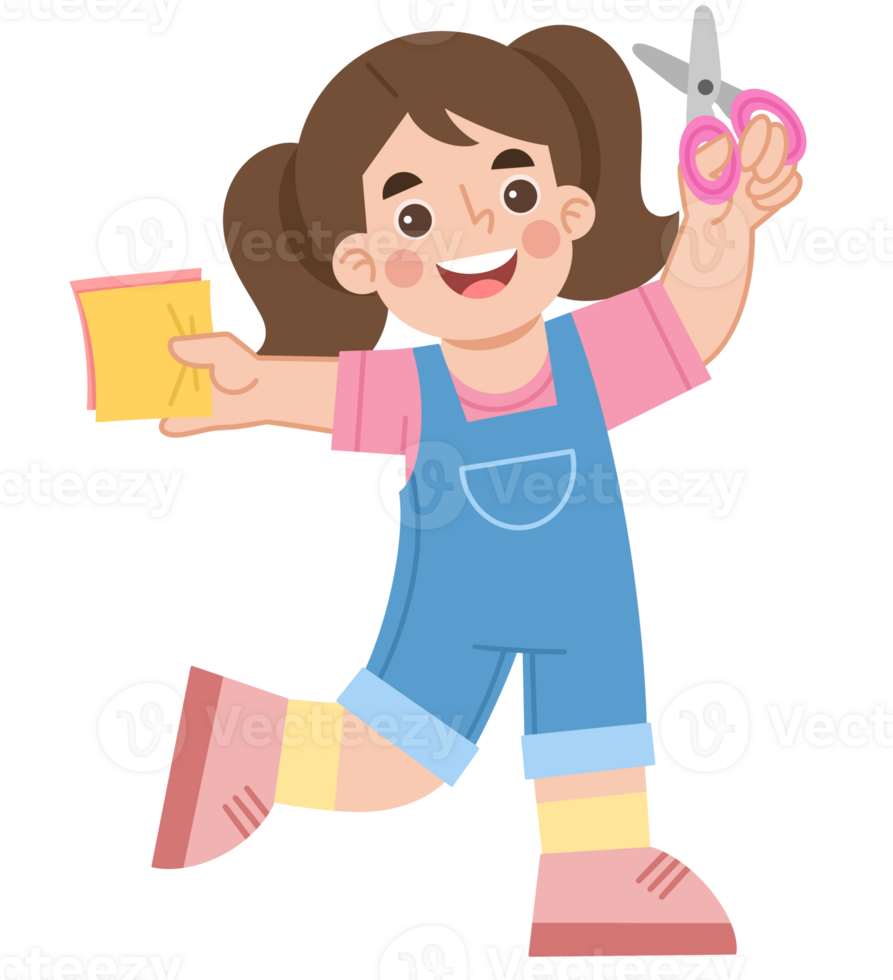 Illustration of a Cheerful Girl Cutting Paper with Scissors png