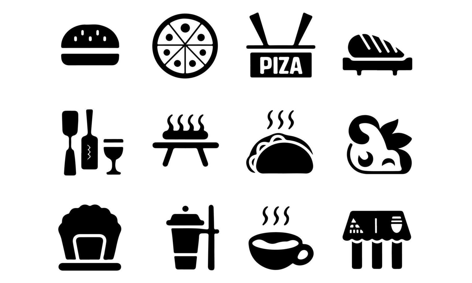 Food and Drink Icon Set Burger, Pizza, Coffee, BBQ, Taco, Bread, Wine, Cafe Symbols vector