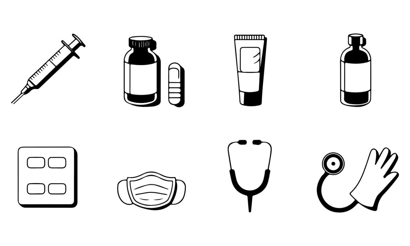 Medical Equipment and Healthcare Essentials Icon Set in Black and White vector