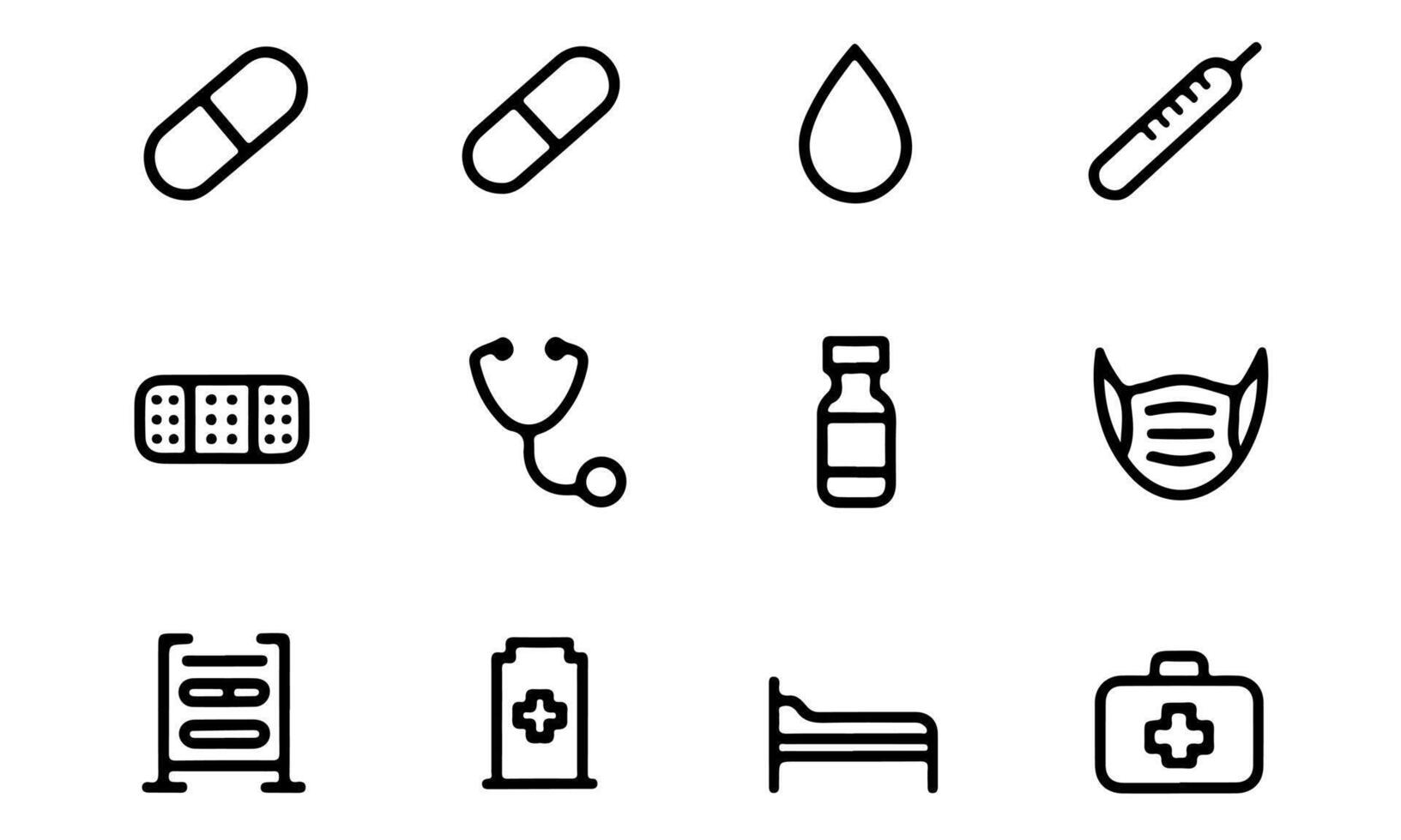 Minimal Medical Icons Collection Pills, Syringe, Mask, Bed, Vial, Bandage, Stethoscope vector