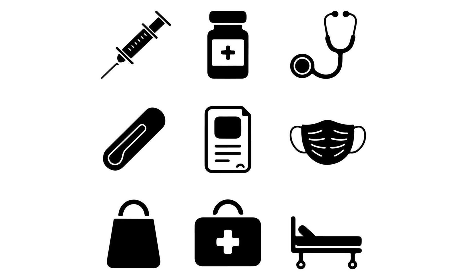 Essential Medical Icons Set Hospital Equipment and Healthcare Symbols in Black Silhouette vector