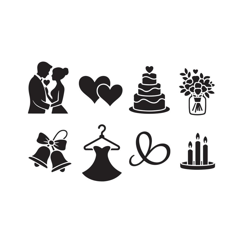 Black Wedding Icons on White Background silhouette vector
