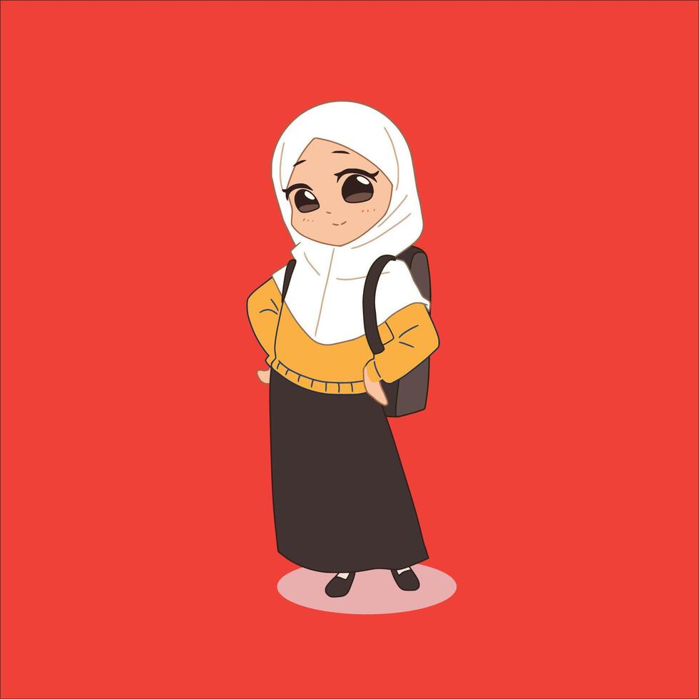 Cartoon muslim girl with backpack on red background vector