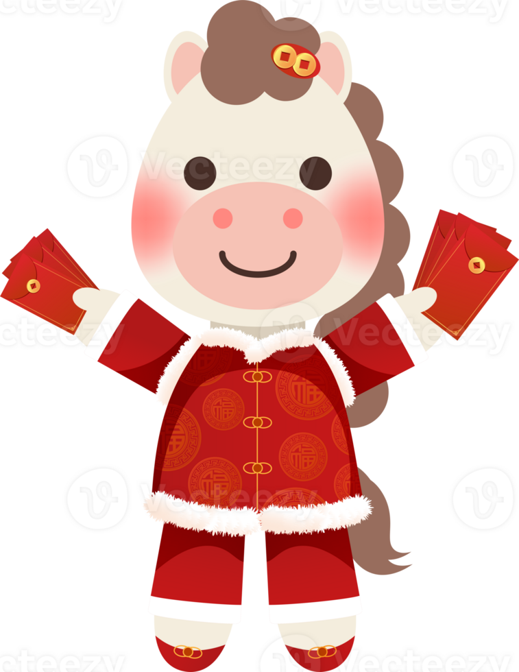 Cute horse illustration holding a red envelope bag png