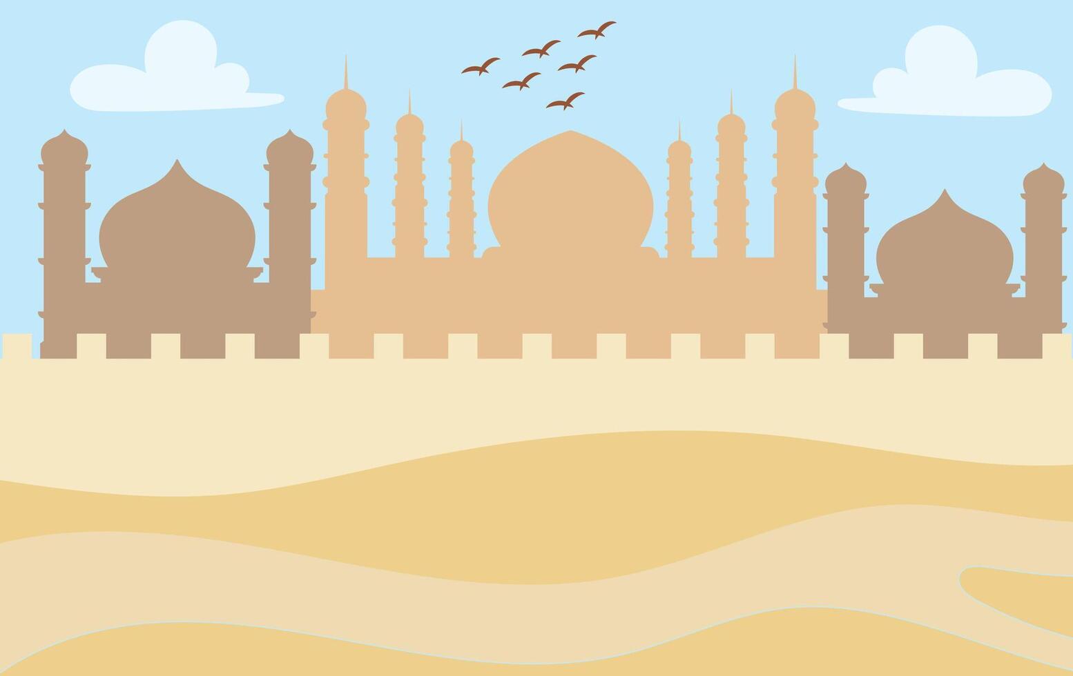 Desert palace with towers and flying birds illustration vector