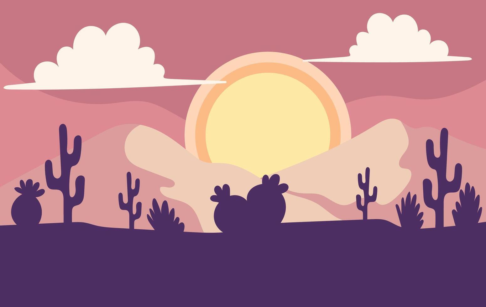 Sunset view in desert with cactus plants illustration vector