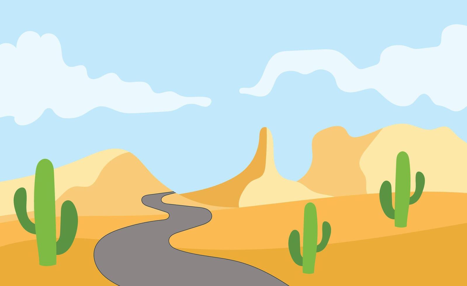 Curved road through cactus desert landscape illustration vector