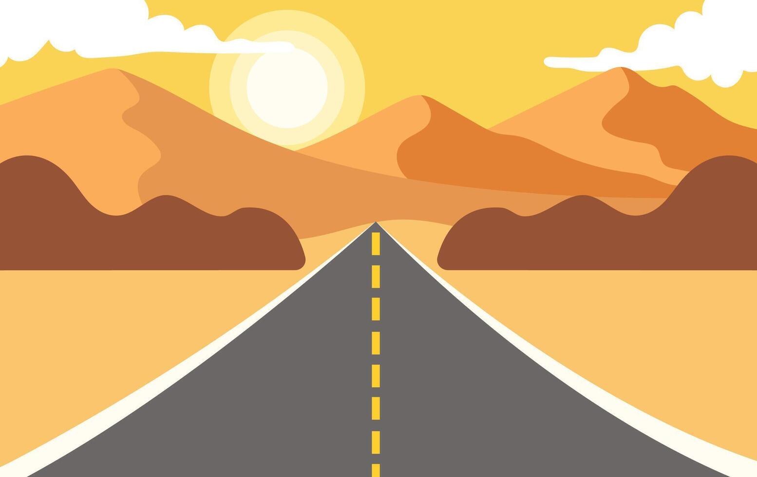 Sunset desert road with mountain backdrop illustration vector