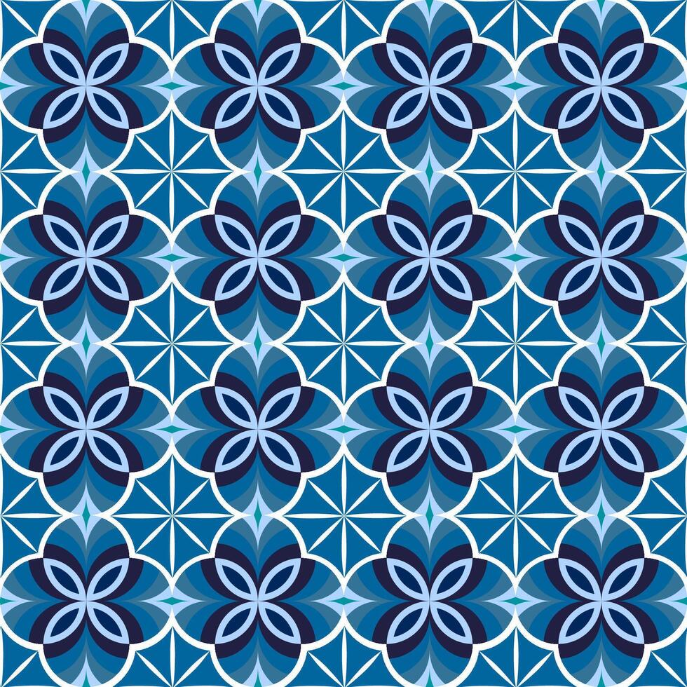 Seamless geometric floral tile pattern in shades of blue, combining petal shapes and star motifs, ideal for wallpapers, textiles, and backgrounds. vector