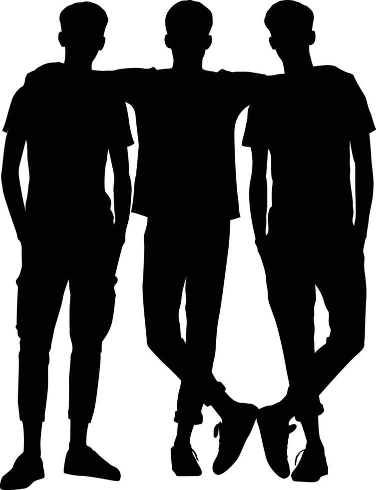 Three young men standing together in a silhouette with arms around each other vector