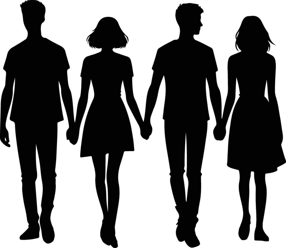 Four silhouetted figures holding hands walking together in unity and friendship vector