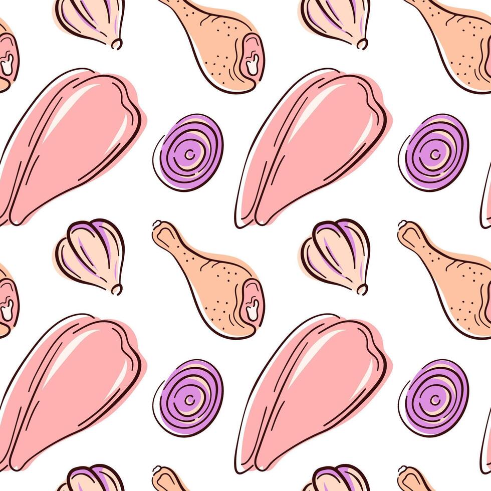 Seamless pattern with chicken drumstick and fillet, garlic and onion in flat style on white background. Great for culinary packaging or cooking themed design. vector
