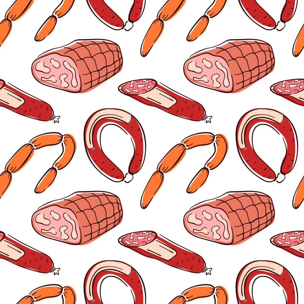 Seamless flat style pattern with sausage and ham on white background. Perfect for butcher shop, packaging food, background kitchen, menu or traditional meat cuisine design. vector