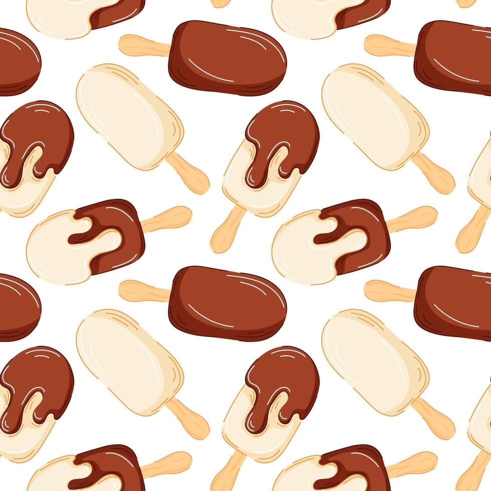 Seamless pattern with ice cream vanilla and chocolate in cartoon style. Illustration isolated on a white background. vector
