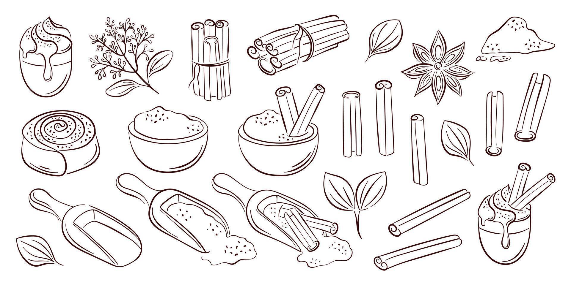 Cinnamon spice set with stick, powder scoop, flower, roll and leaf in line art style. Ideal for recipe book, packaging, kitchen decor and culinary design project. vector