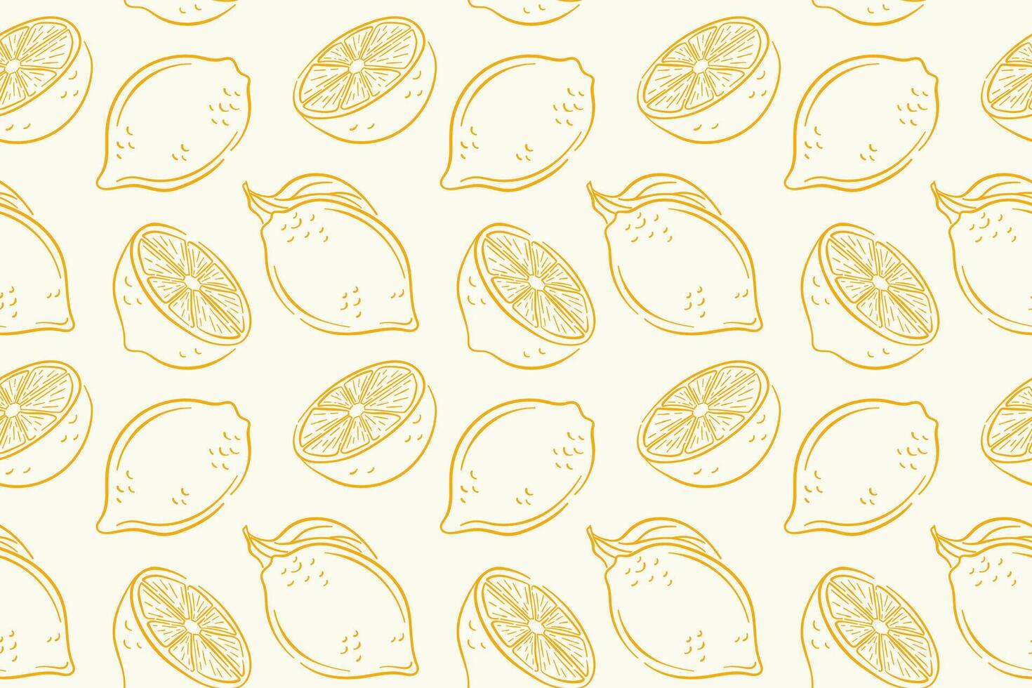 Seamless lemon pattern with whole and sliced yellow lemon on white background in line art style. Perfect for summer design, kitchen decor, textile, package and healthy food theme. vector