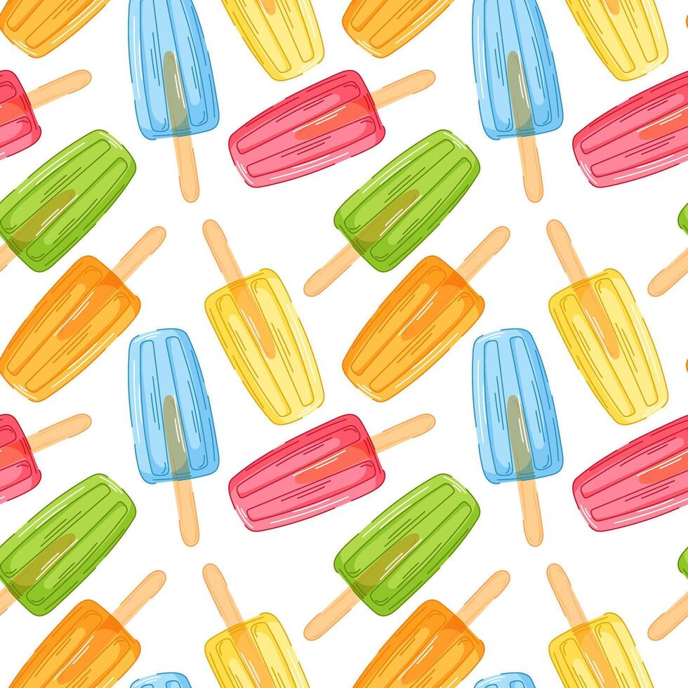 Colorful seamless pattern of assorted ice cream in red, blue, green, yellow and orange color on white background. Perfect for summer theme, food packaging and sweet dessert design. vector