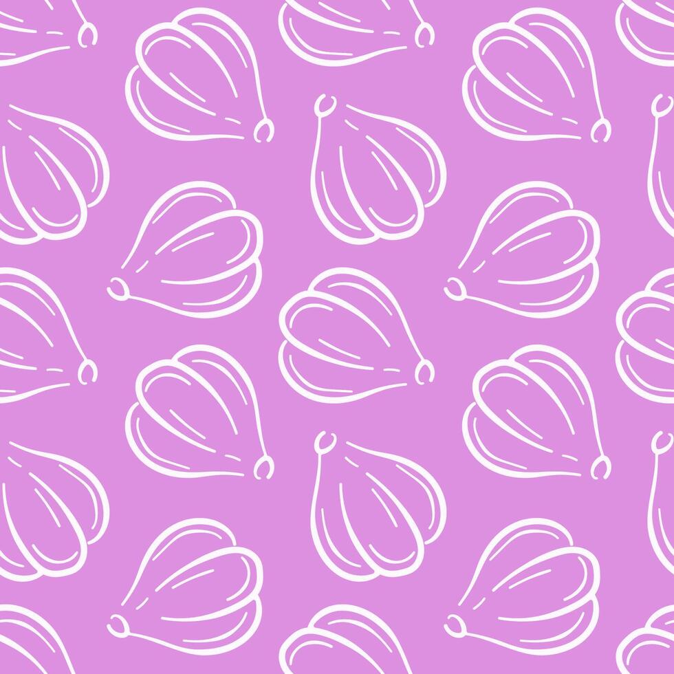 Seamless pattern of garlic bulb in line art style on pink background. Ideal for culinary book, spice package, food and kitchen wallpaper design. vector