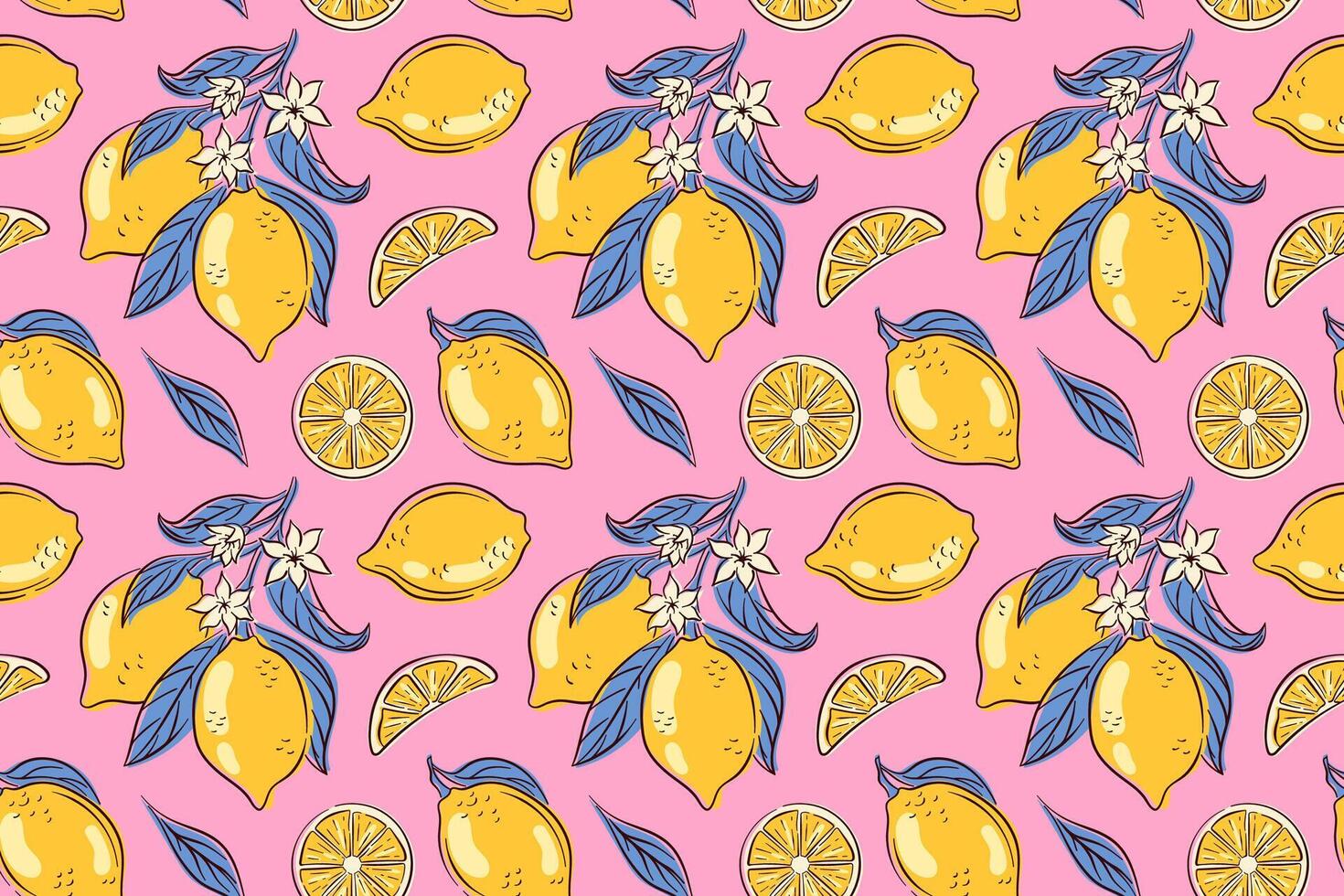Seamless pattern with yellow lemon, green leaf, white flower on pink background in flat style. Perfect for summer packaging, textile, kitchen decor and fresh citrus themed design. vector