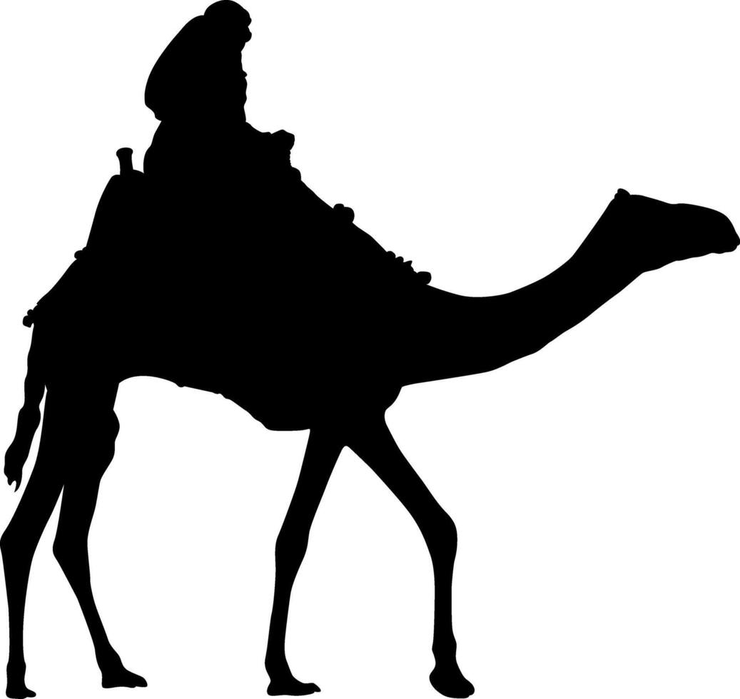 Silhouette of a person riding a camel in a desert setting. vector