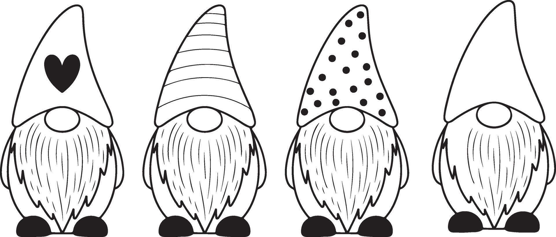 Four Black and White Gnome Illustrations with Varied Hat Designs vector