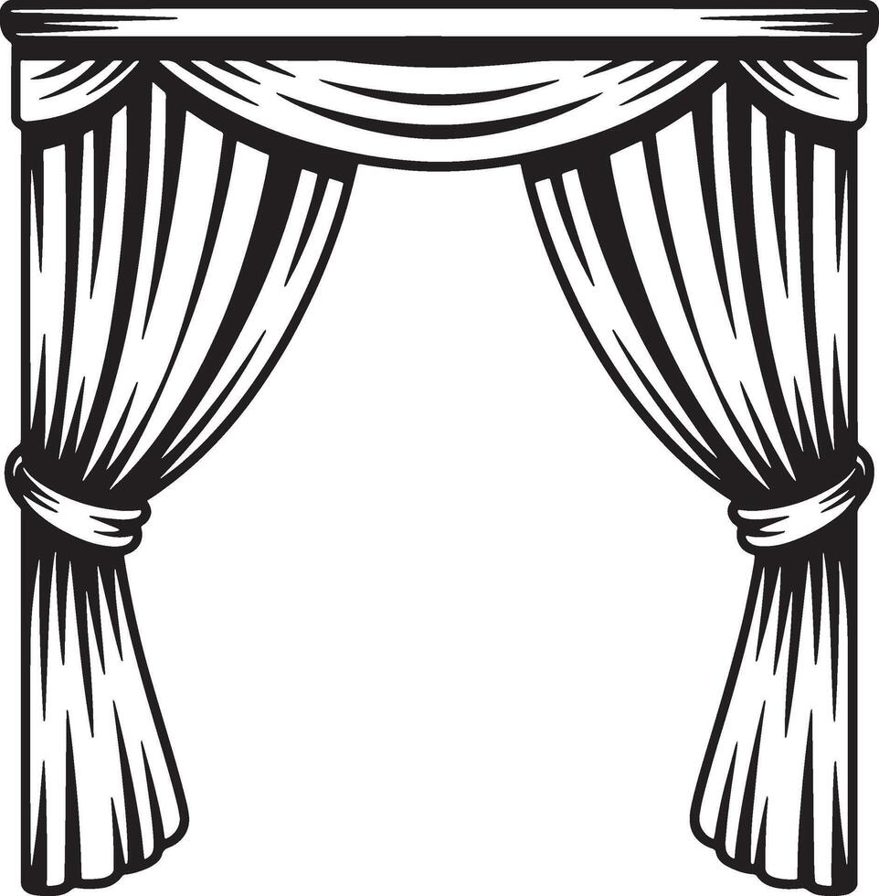 Black and white illustration of stage curtains with tied drapes vector