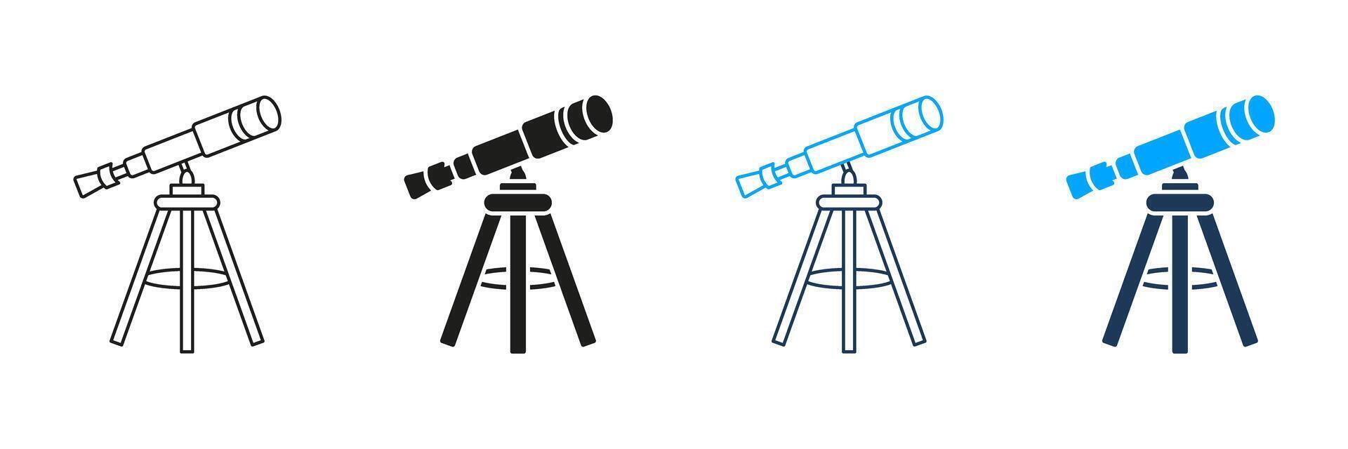 Telescope On Tripod Line And Solid Icon Set. Astronomy Exploration And Stargazing Equipment Symbol Collection. Celestial Observation And Space Study Tools. Isolated Illustration vector