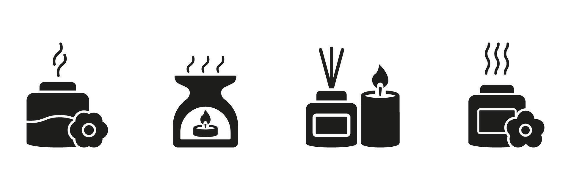 Aromatherapy And Fragrance Diffuser Solid Icon Set. Relaxation, Wellness, And Home Scenting Silhouette Symbol Collection. Essential Oils, Candles, And Incense. Isolated Illustration vector