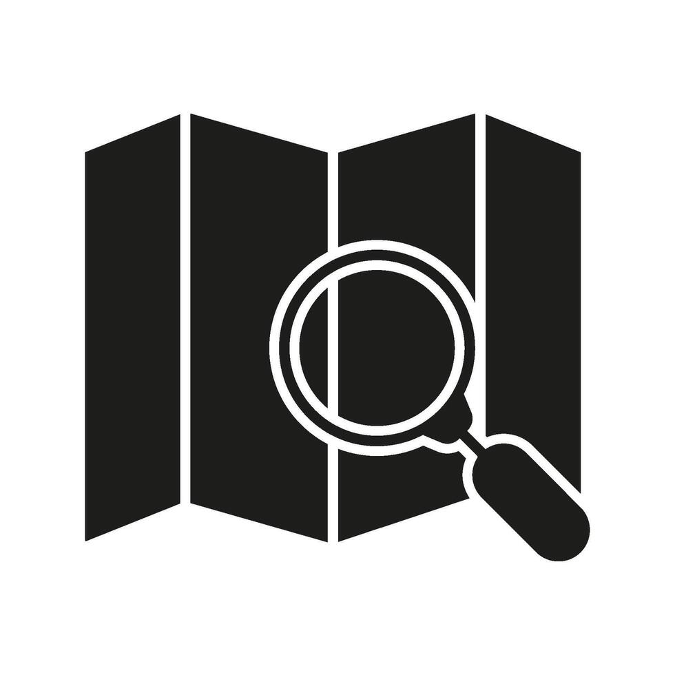 Map With Magnifying Glass Solid Icon. Location Search, Navigation, And Exploration Silhouette Symbol. Travel Planning And Geographic Analysis. Isolated Illustration vector
