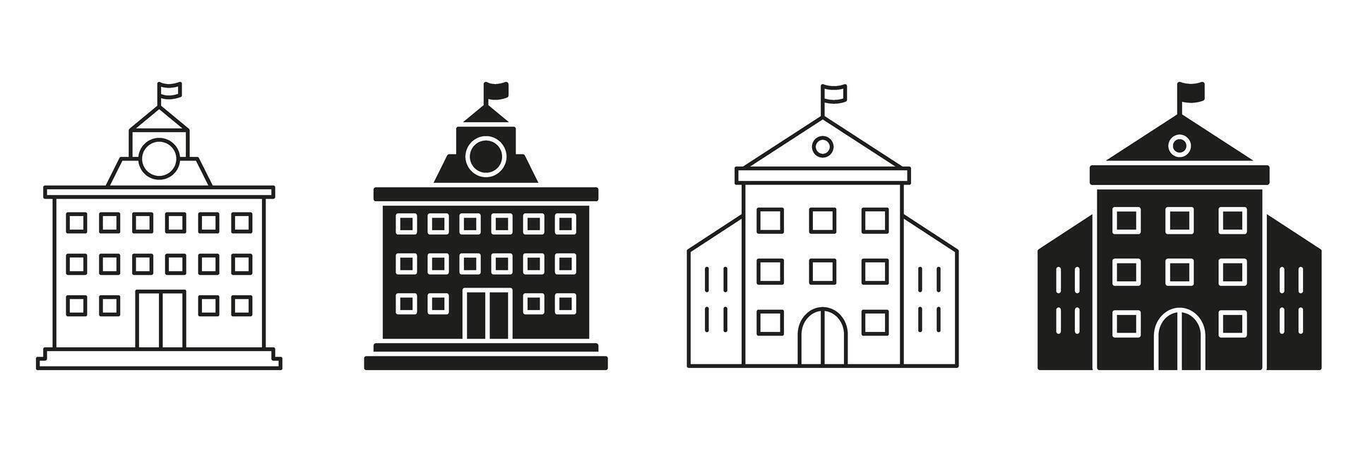 School Building Line And Solid Icon Set. Educational Institution, Learning Center, And Academic Facility Symbol Collection. Architecture And Campus Design. Isolated Illustration vector