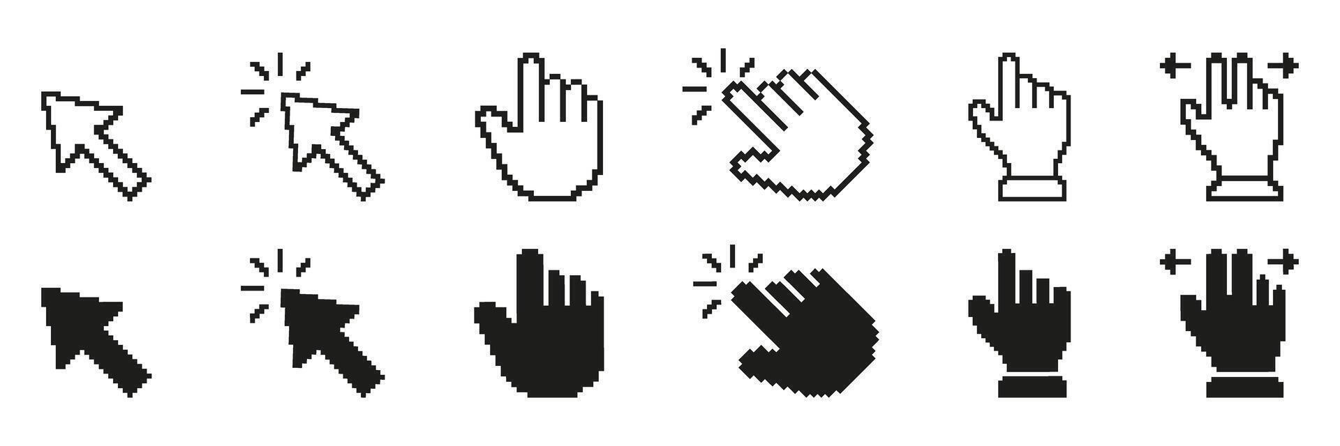 Pixel Art Cursor And Hand Icon Set. Digital Interaction And Navigation Symbols Collection. Includes Click, Point, And Drag Gestures. Isolated Illustration vector