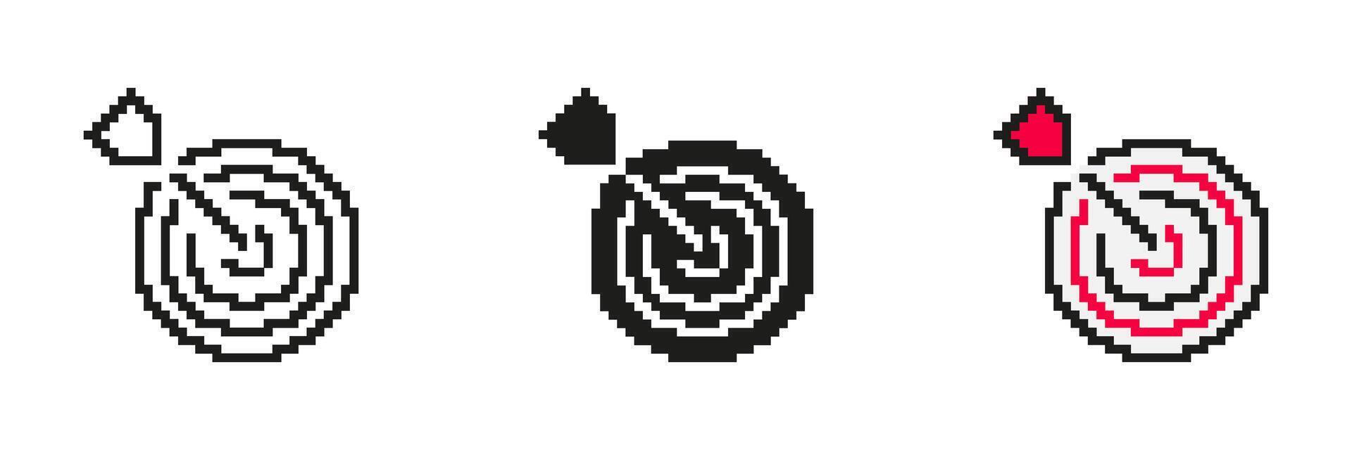 Bullseye Target with Arrow Pixelated Icon Set. Pixel Art Symbol of Precision and Goal Achievement. Focus and Success. Isolated Illustration vector