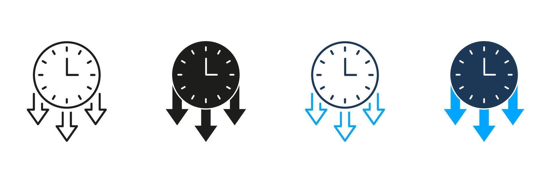 Clock With Downward Arrows Line And Solid Icon Set. Time Management, Deadline Pressure, And Efficiency Symbol Collection. Productivity And Task Prioritization. Isolated Illustration vector