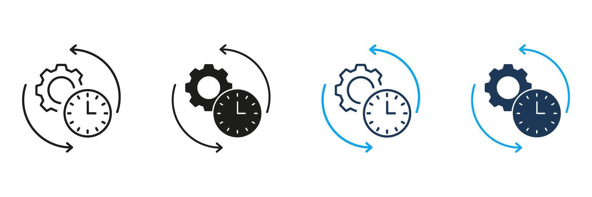 Gear And Clock With Arrows Line And Solid Icon Set. Time Management, Process Optimization, And Workflow Efficiency Symbol Collection. Automation And Productivity. Isolated Illustration vector