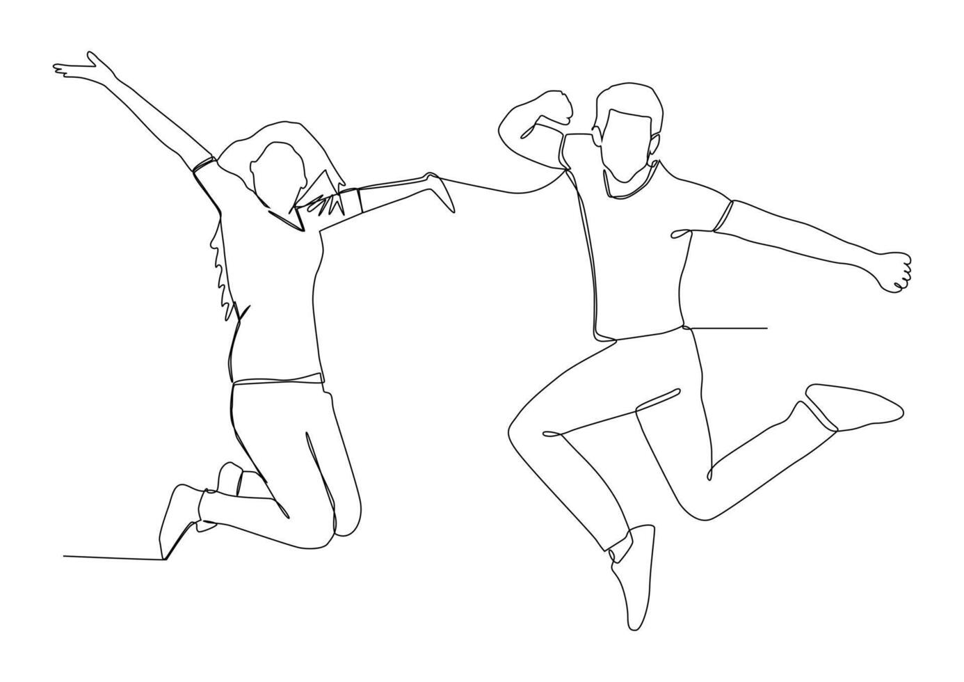 continuous one line drawing of happy jumping couple. vector