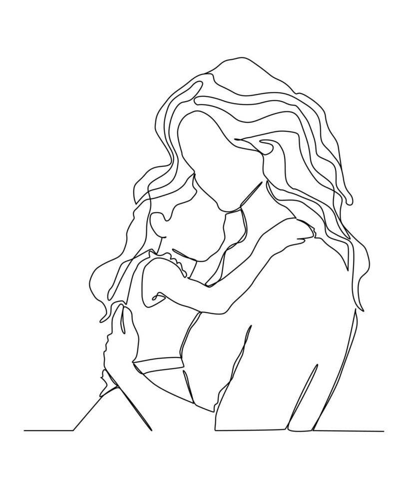 continuous one line drawing of mother and child in the sea. vector