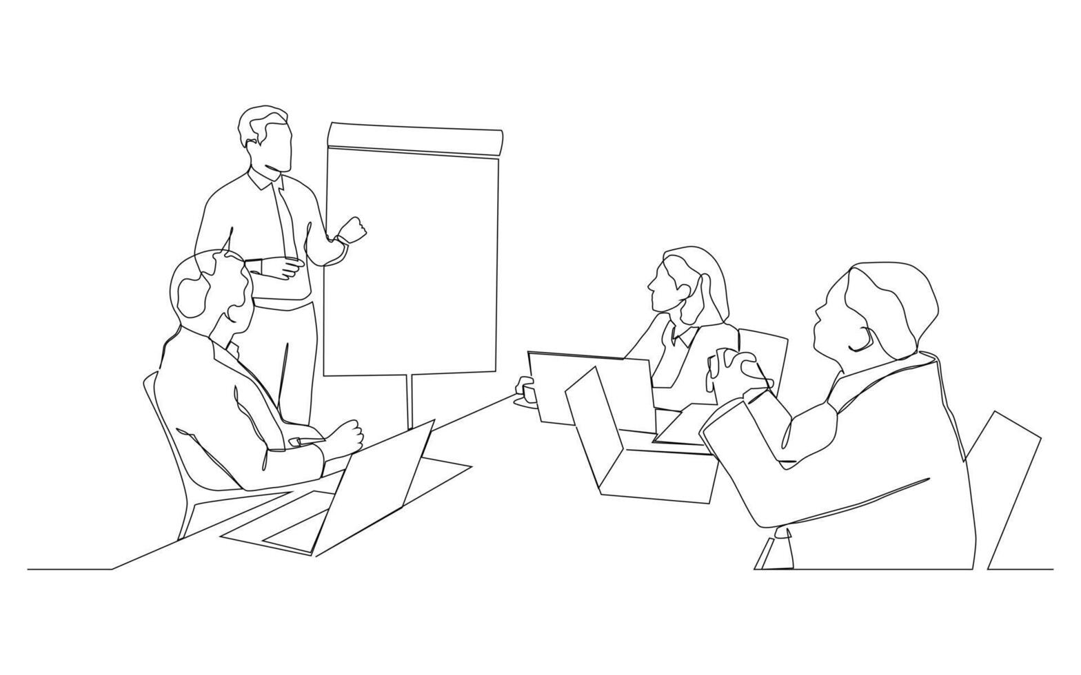 continuous line drawing of the Audience in the conference hall, The public speaker in lectures, in front of the audience. vector