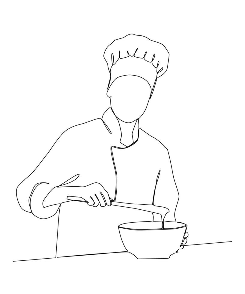 Continuous one line drawing chef preparing food. vector
