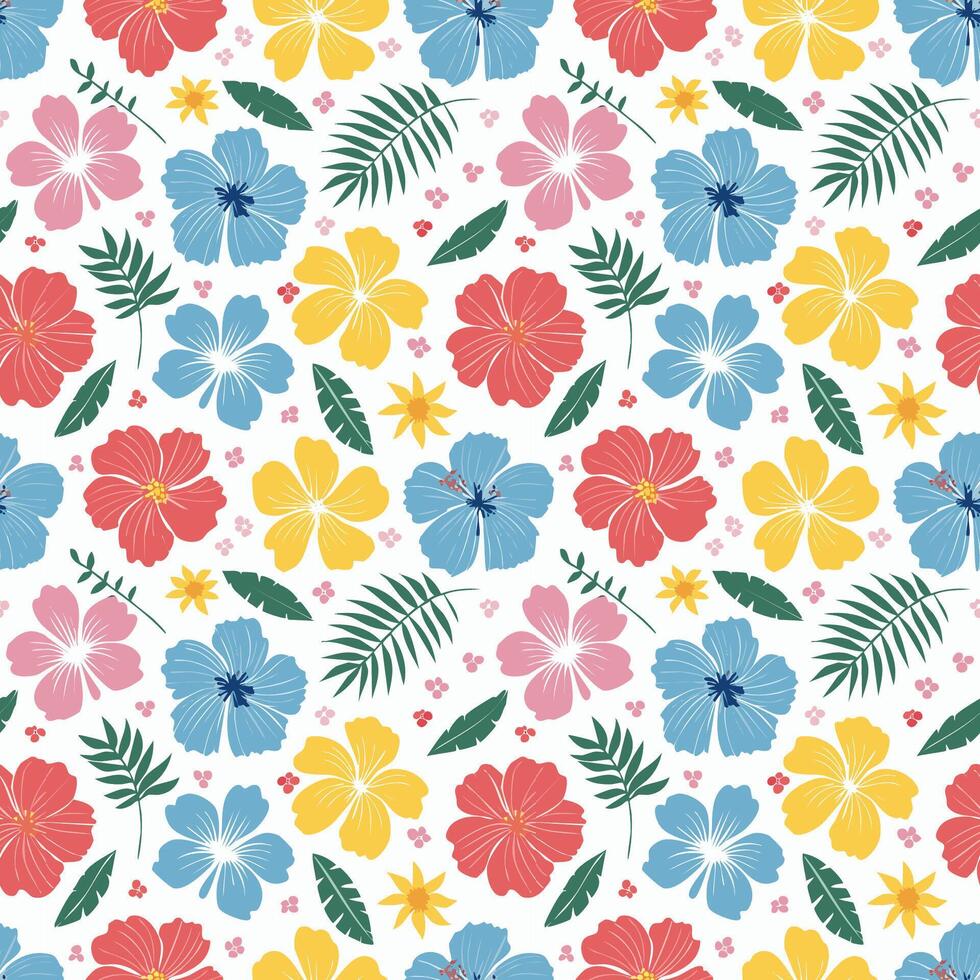 Tropical Hibiscus Flowers and Leaves Pattern vector