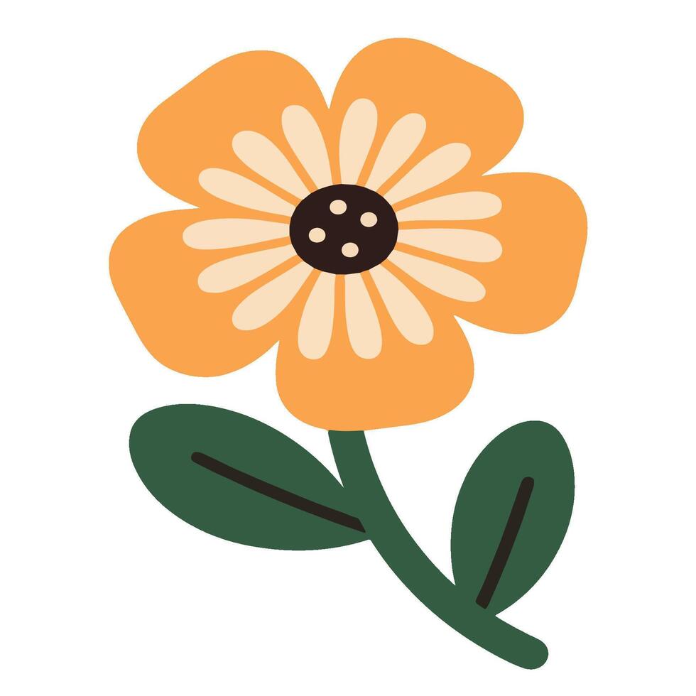 Simple Floral Illustration Featuring Orange Petals Green Leaves and Dark Center. vector