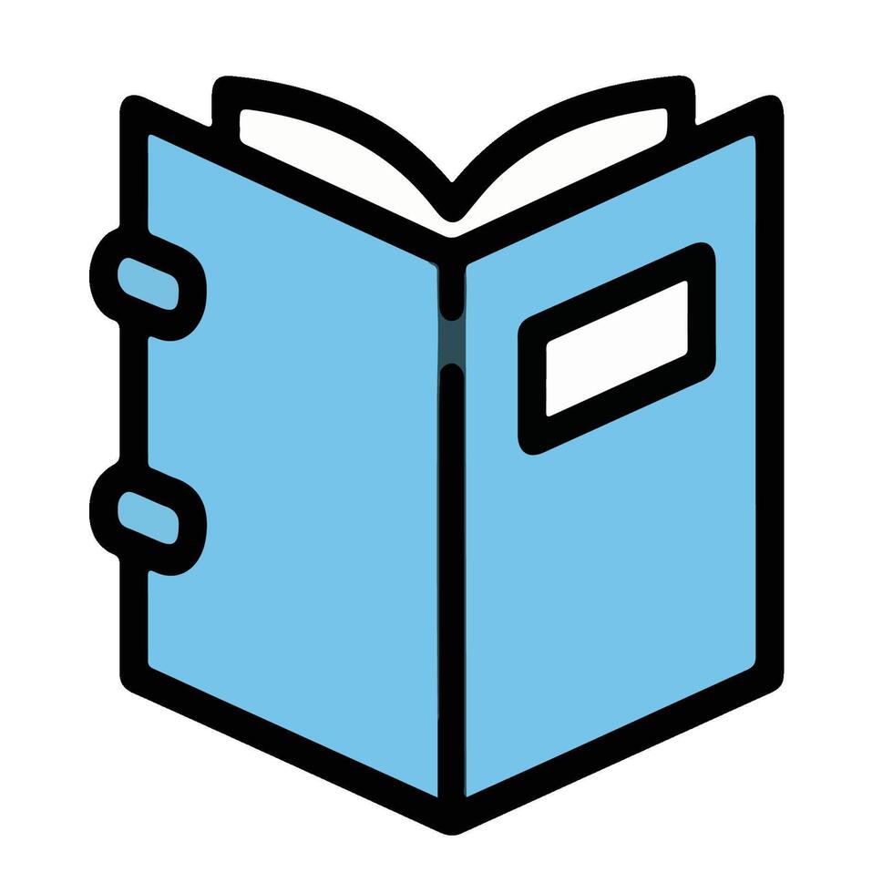 Light Blue Open Notebook Icon with Black Outline and Small Label. vector