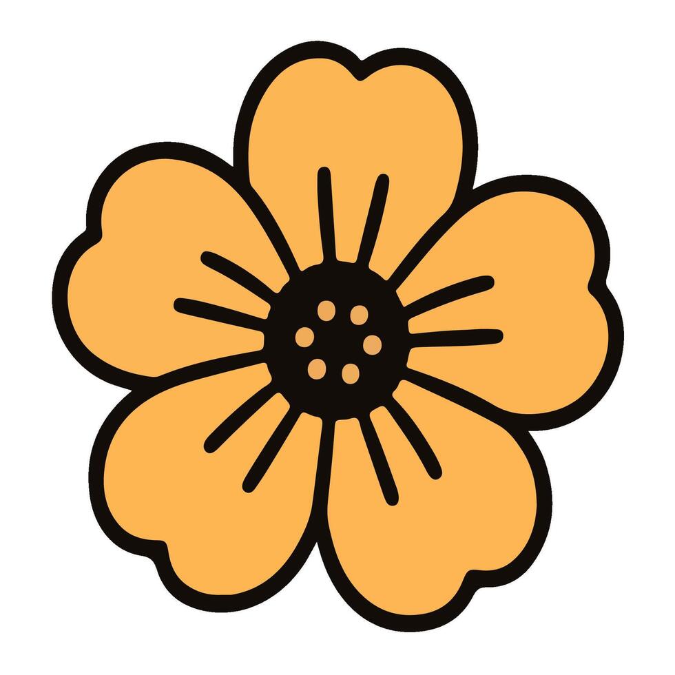 Stylized Orange Flower with Black Outline and Central Seed Pod Detail. vector