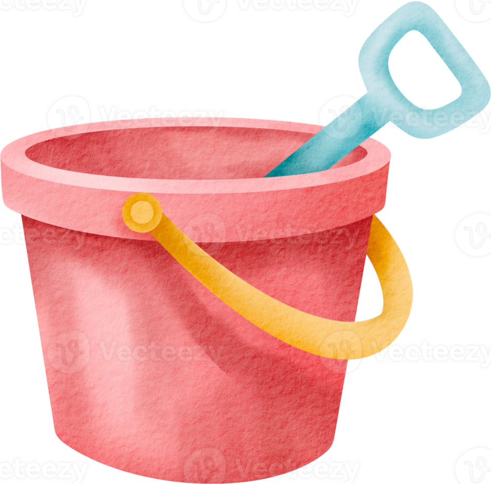 Watercolor red bucket and shovel toy png