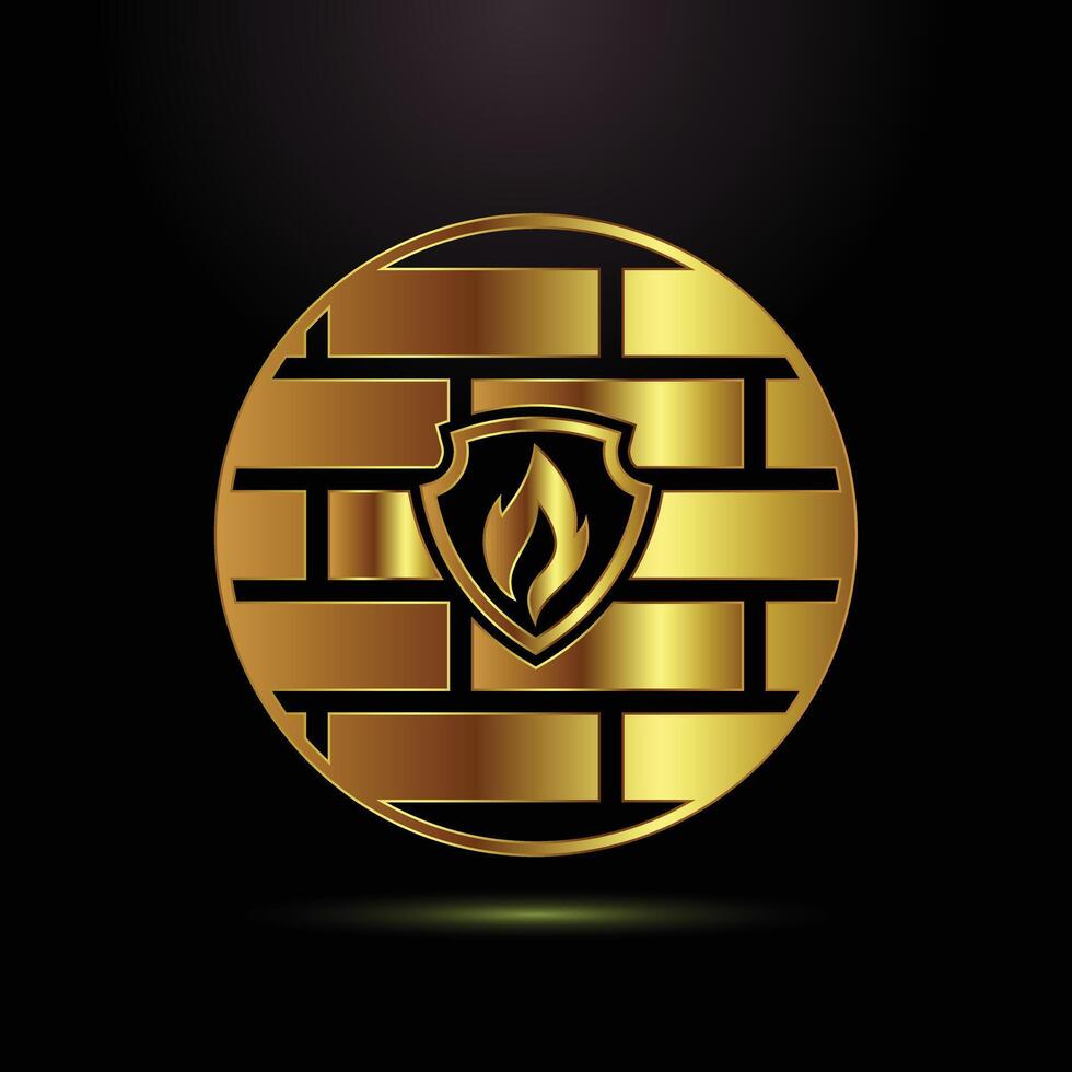Golden shield and brick logo design vector