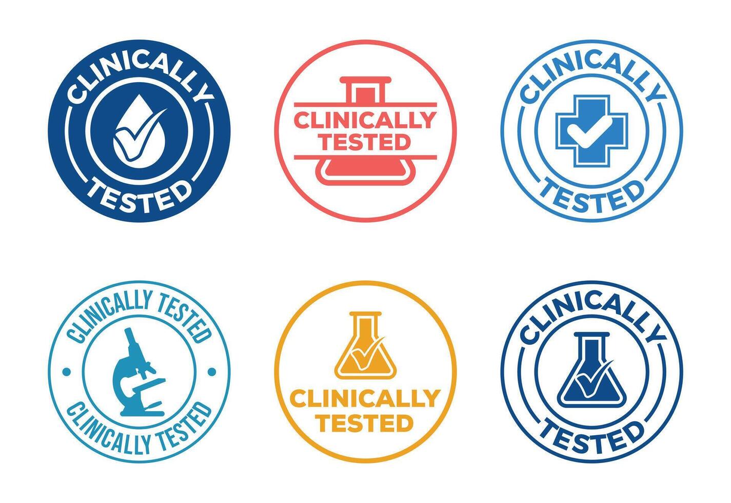 Six Clinically Tested Badges Showcasing Product Safety and Scientific Validation Graphic Elements vector