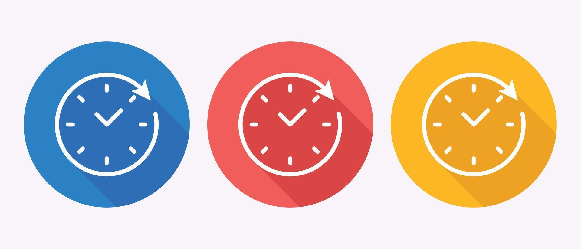 Three Colorful Round Icons Representing Time and Clock with Arrow Symbol on White Background vector