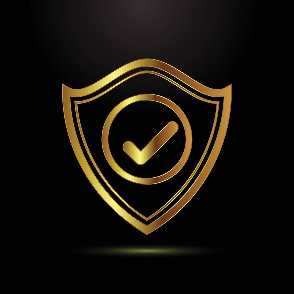 Golden Shield with Check Mark Symbolizing Security Assurance and Trust Protection with Black Backdrop vector