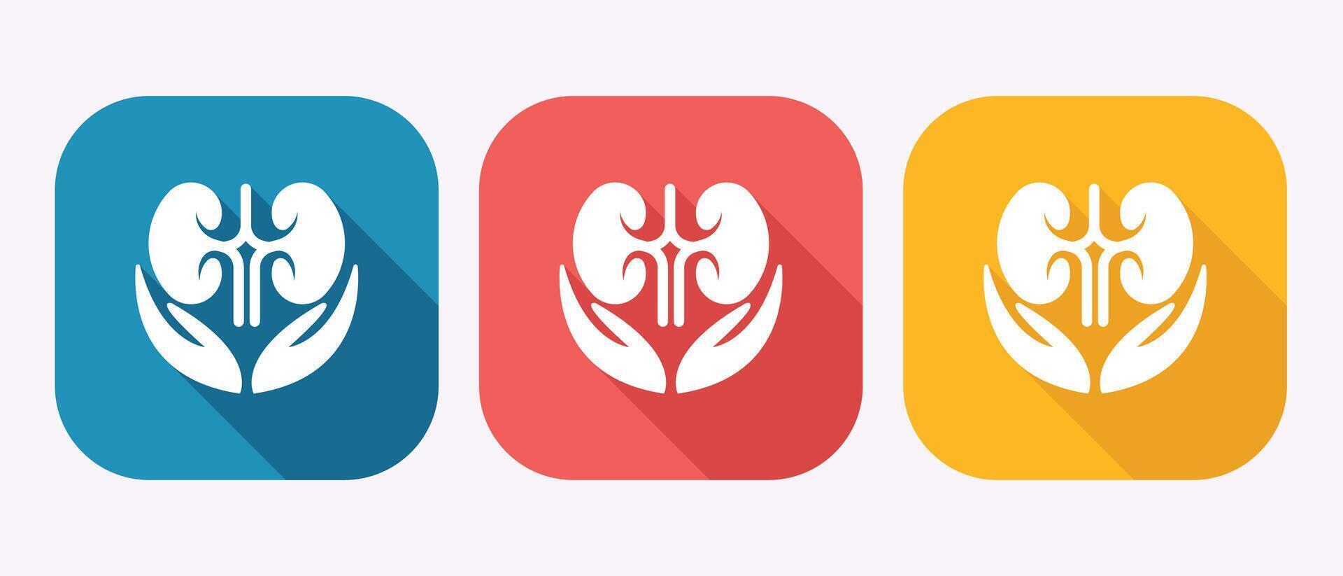 Kidney care icon set with hands in blue red and yellow backgrounds vector